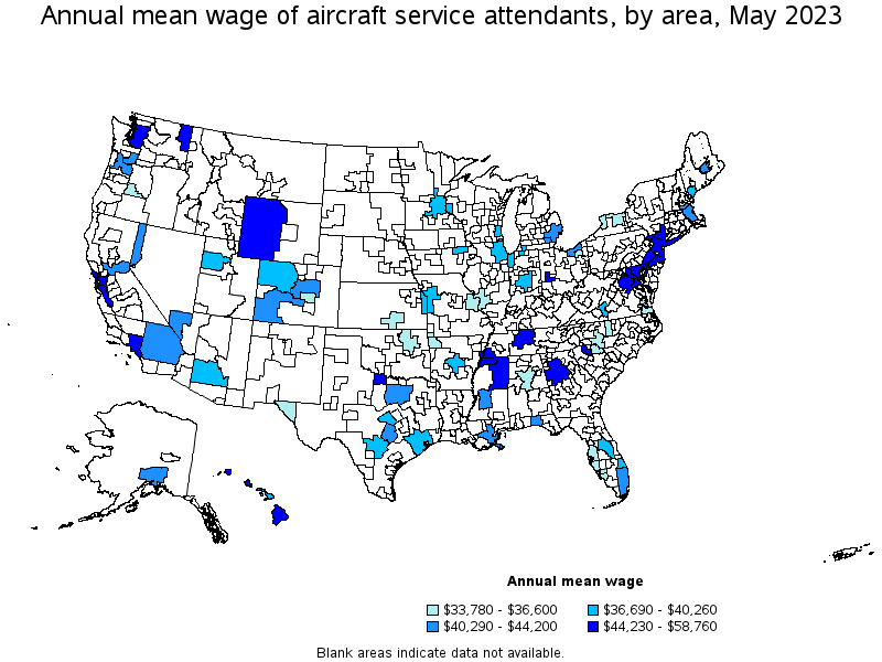 Map of annual mean wages of aircraft service attendants by area, May 2023