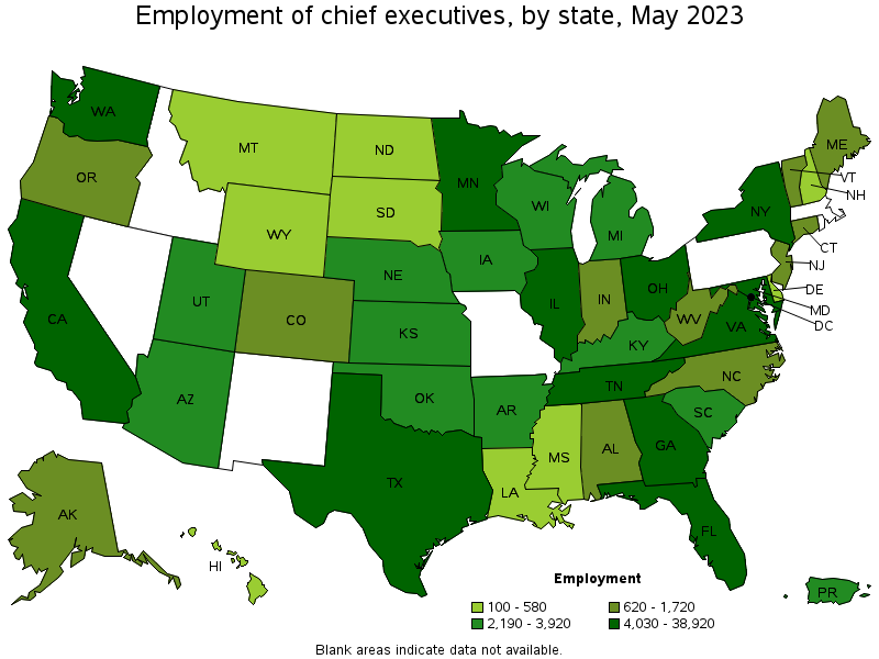 Map of employment of chief executives by state, May 2023