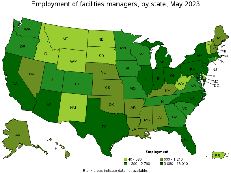 Map of employment of facilities managers by state, May 2023