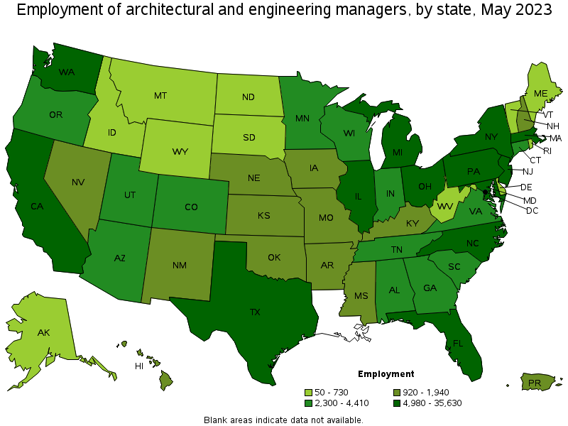 Map of employment of architectural and engineering managers by state, May 2023