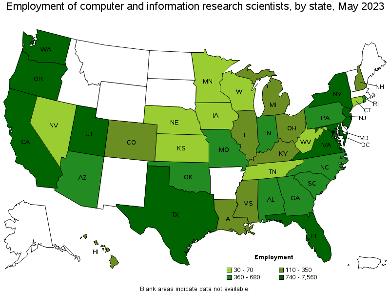 Map of employment of computer and information research scientists by state, May 2023