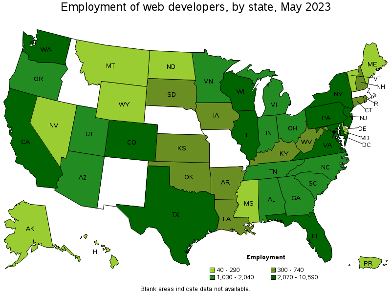 Map of employment of web developers by state, May 2023