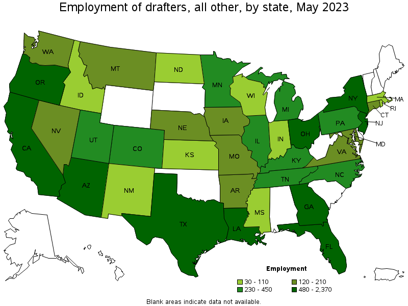 Map of employment of drafters, all other by state, May 2023
