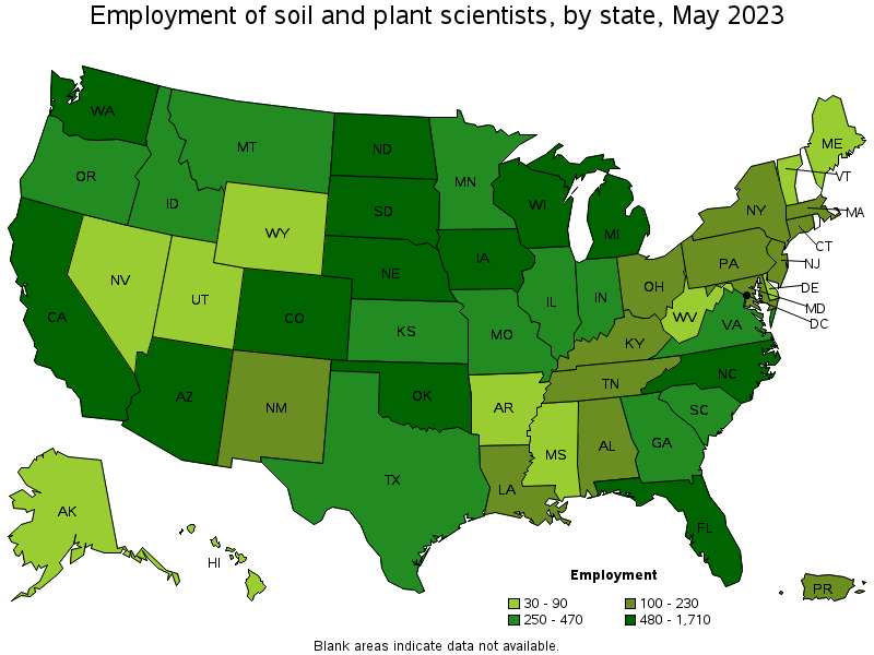 Map of employment of soil and plant scientists by state, May 2023