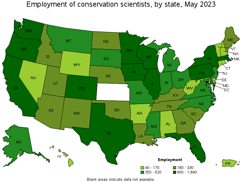 Map of employment of conservation scientists by state, May 2023