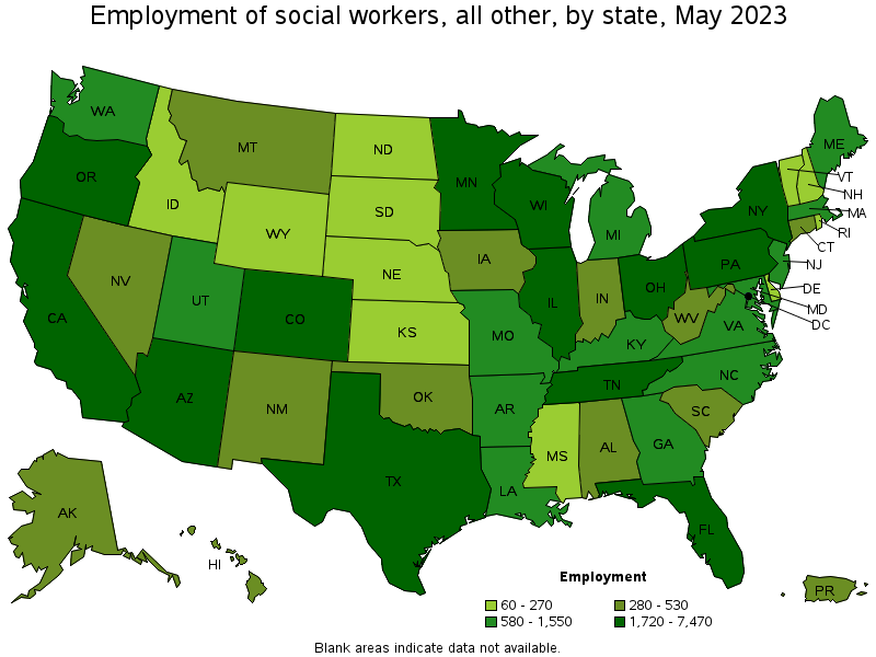 Map of employment of social workers, all other by state, May 2023