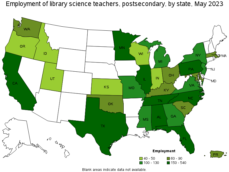 Map of employment of library science teachers, postsecondary by state, May 2023
