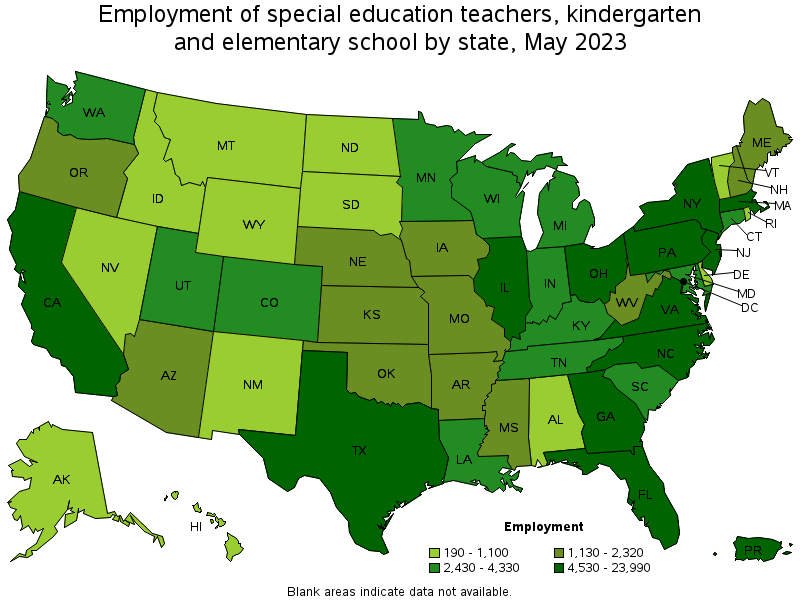 Map of employment of special education teachers, kindergarten and elementary school by state, May 2023
