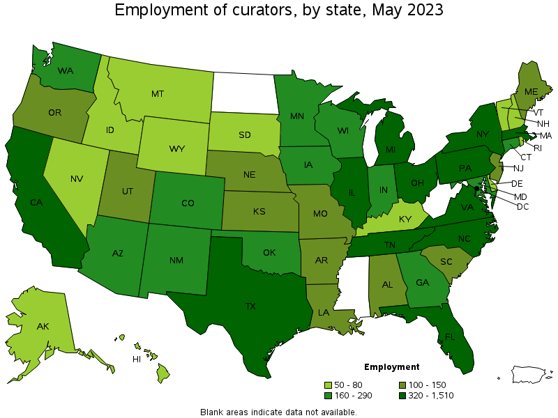 Map of employment of curators by state, May 2023