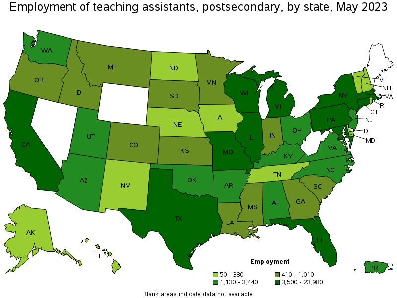 Map of employment of teaching assistants, postsecondary by state, May 2023
