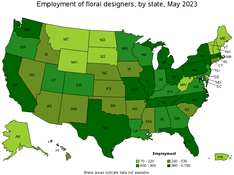 Map of employment of floral designers by state, May 2023