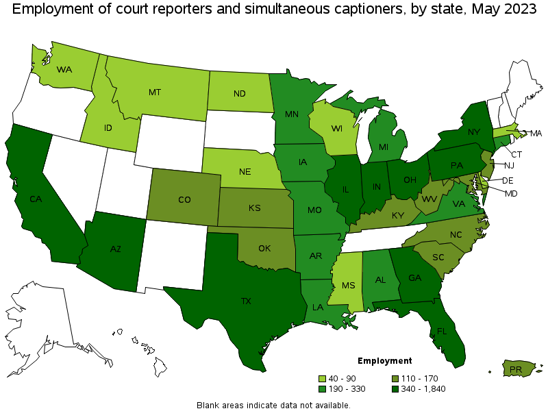 Map of employment of court reporters and simultaneous captioners by state, May 2023