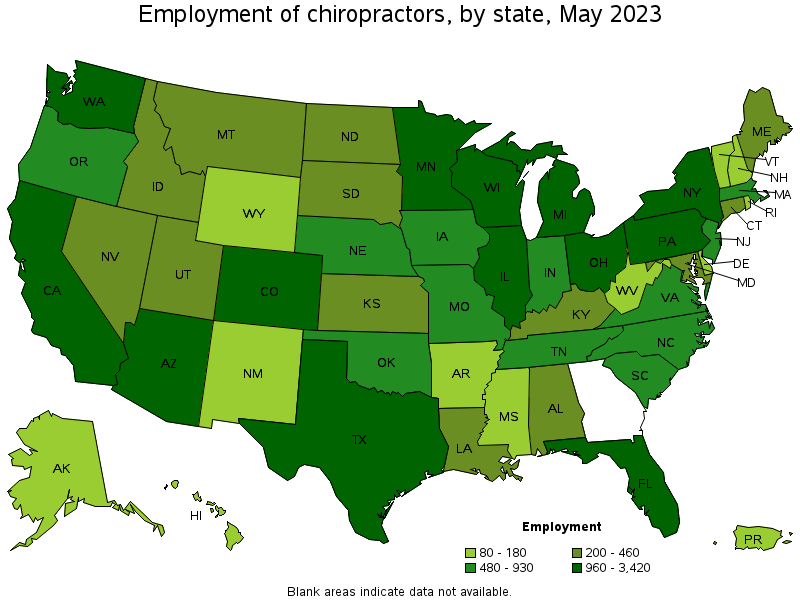 Map of employment of chiropractors by state, May 2023