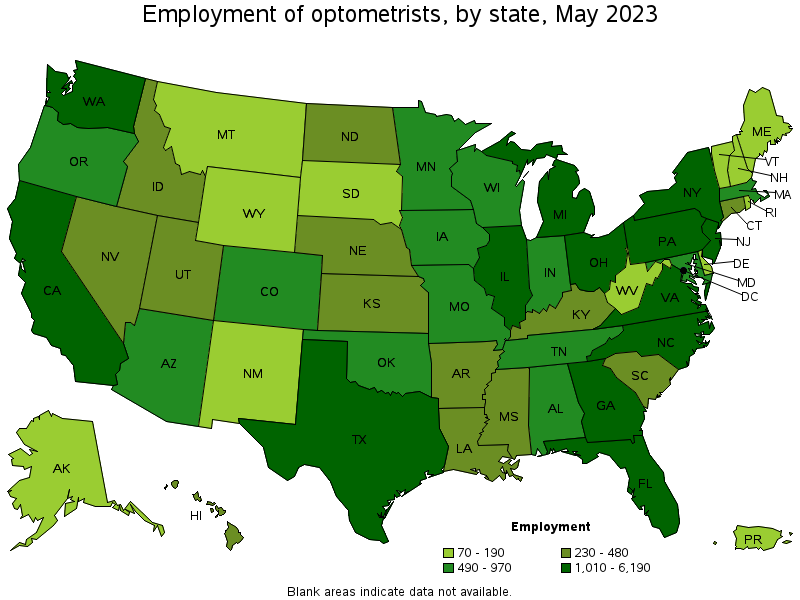 Map of employment of optometrists by state, May 2023