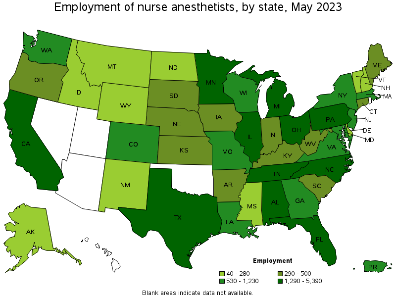Map of employment of nurse anesthetists by state, May 2023