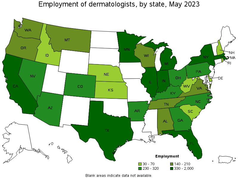 Map of employment of dermatologists by state, May 2023