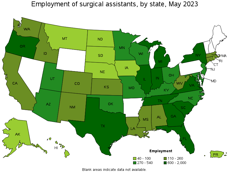 Map of employment of surgical assistants by state, May 2023