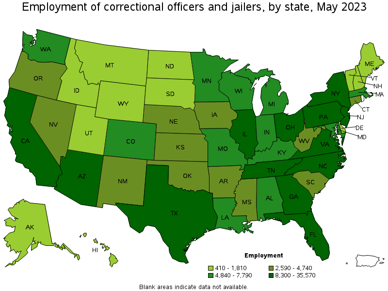 Map of employment of correctional officers and jailers by state, May 2023