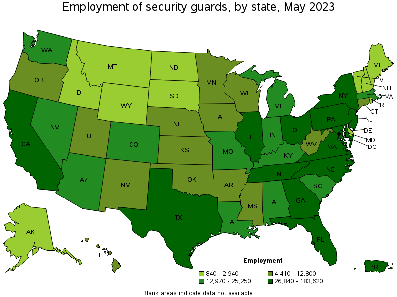 Map of employment of security guards by state, May 2023