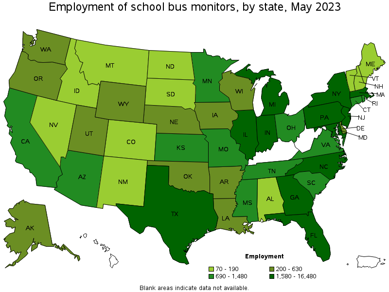 Map of employment of school bus monitors by state, May 2023