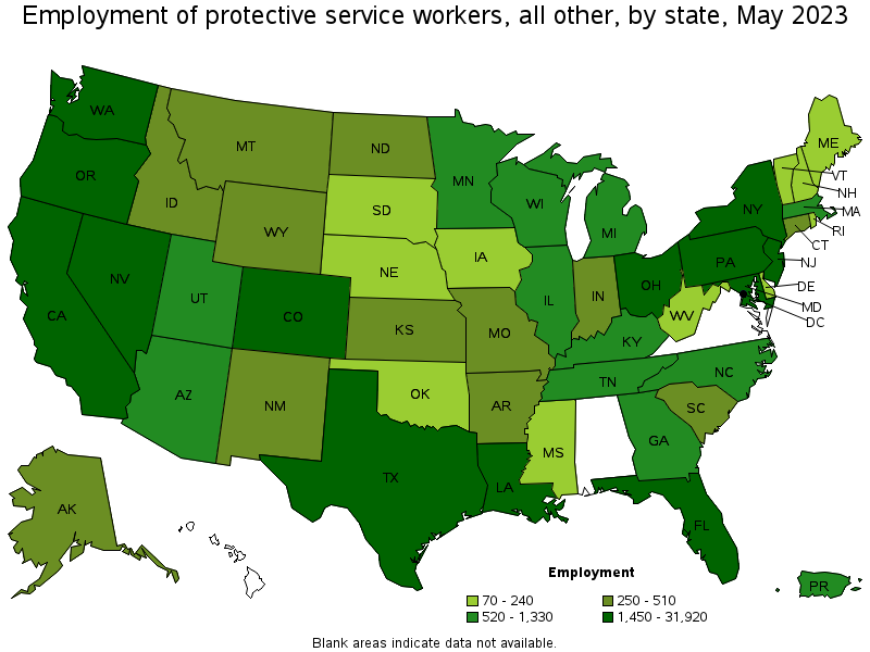 Map of employment of protective service workers, all other by state, May 2023