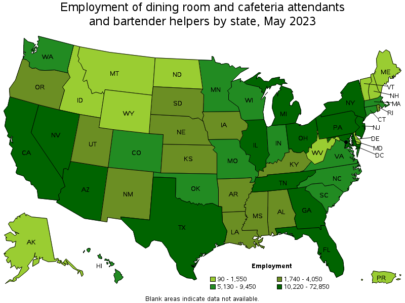 Map of employment of dining room and cafeteria attendants and bartender helpers by state, May 2023