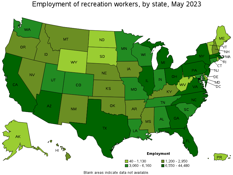 Map of employment of recreation workers by state, May 2023