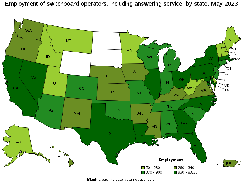 Map of employment of switchboard operators, including answering service by state, May 2023