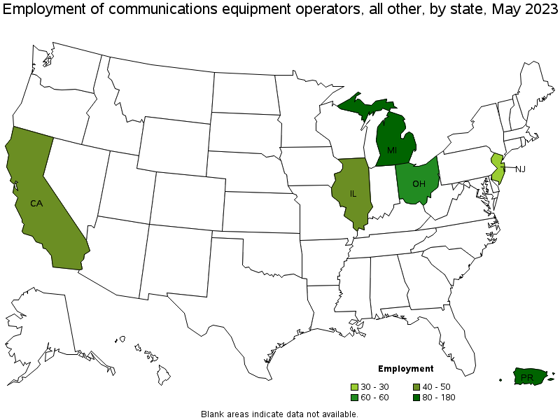 Map of employment of communications equipment operators, all other by state, May 2023