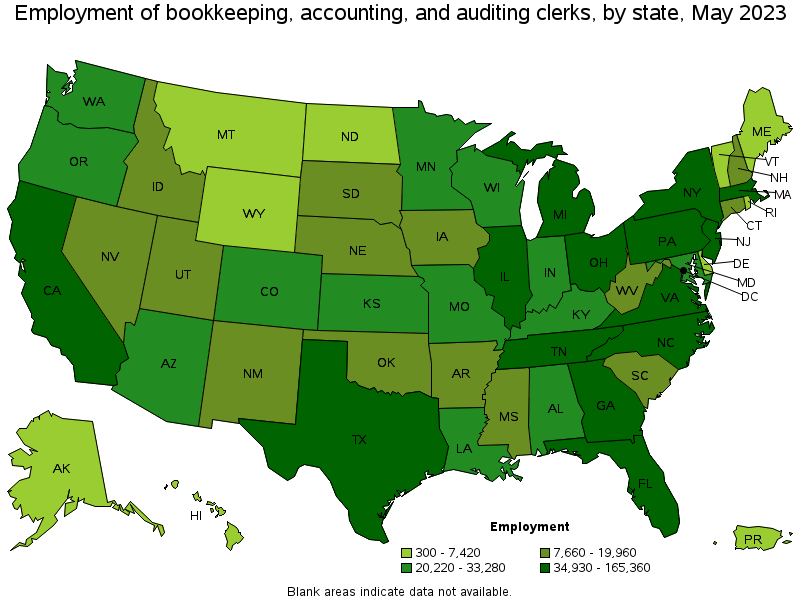 Map of employment of bookkeeping, accounting, and auditing clerks by state, May 2023
