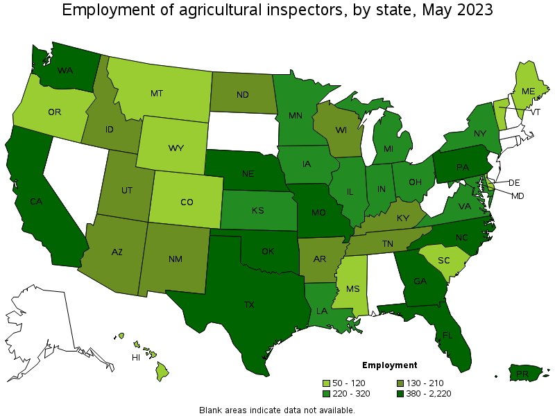 Map of employment of agricultural inspectors by state, May 2023