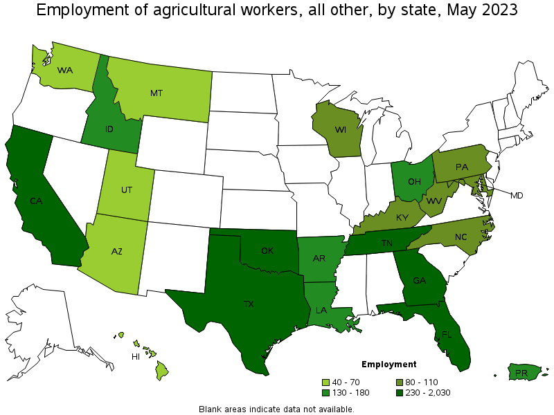 Map of employment of agricultural workers, all other by state, May 2023