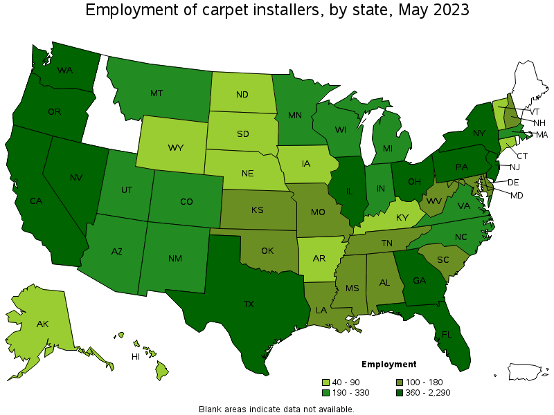 Map of employment of carpet installers by state, May 2023