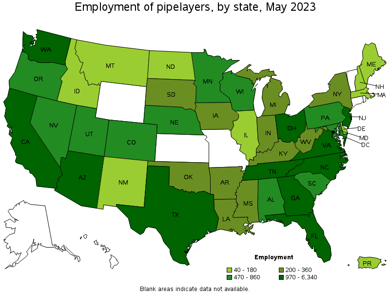 Map of employment of pipelayers by state, May 2023