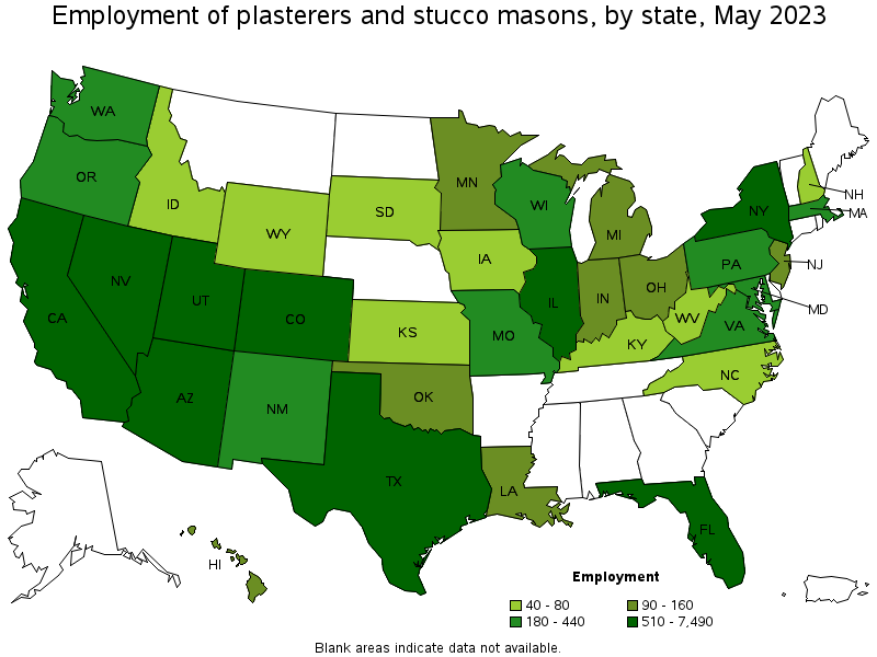 Map of employment of plasterers and stucco masons by state, May 2023