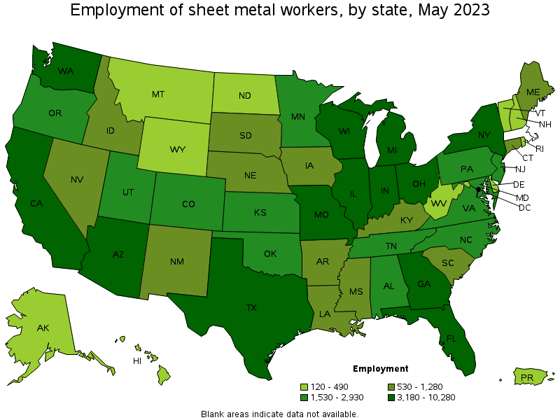 Map of employment of sheet metal workers by state, May 2023