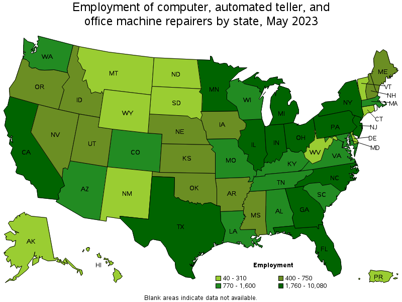 Map of employment of computer, automated teller, and office machine repairers by state, May 2023