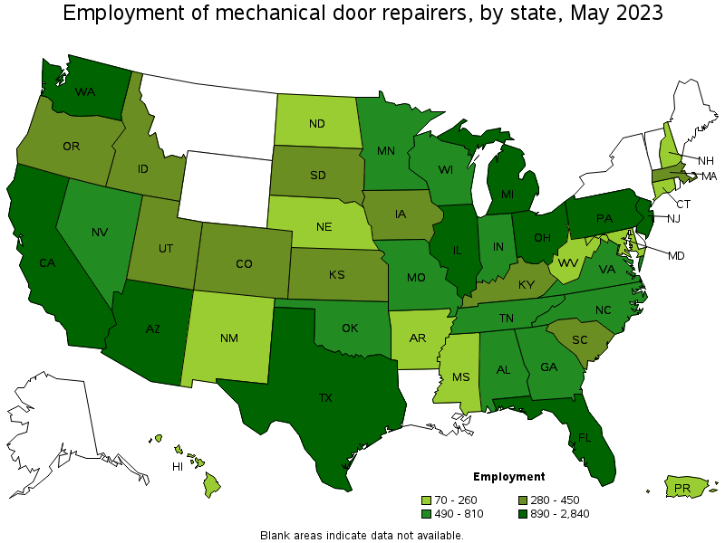 Map of employment of mechanical door repairers by state, May 2023