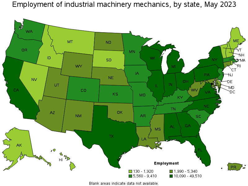 Map of employment of industrial machinery mechanics by state, May 2023
