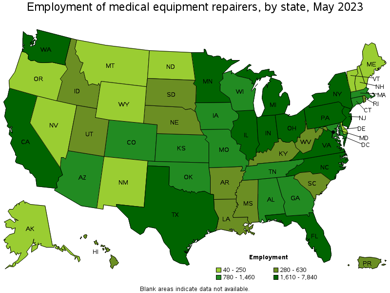 Map of employment of medical equipment repairers by state, May 2023