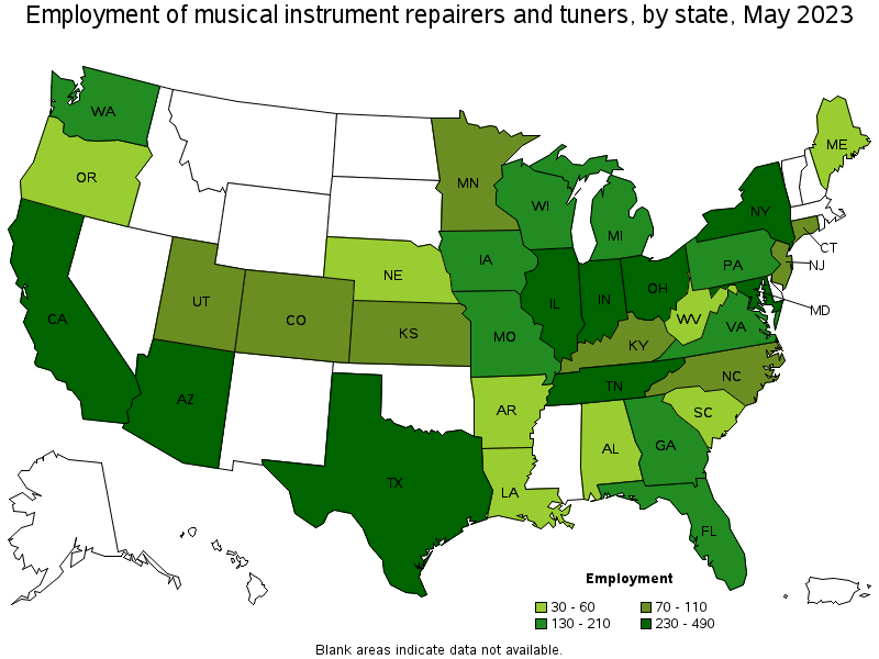 Map of employment of musical instrument repairers and tuners by state, May 2023