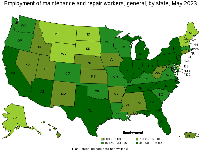 Map of employment of maintenance and repair workers, general by state, May 2023
