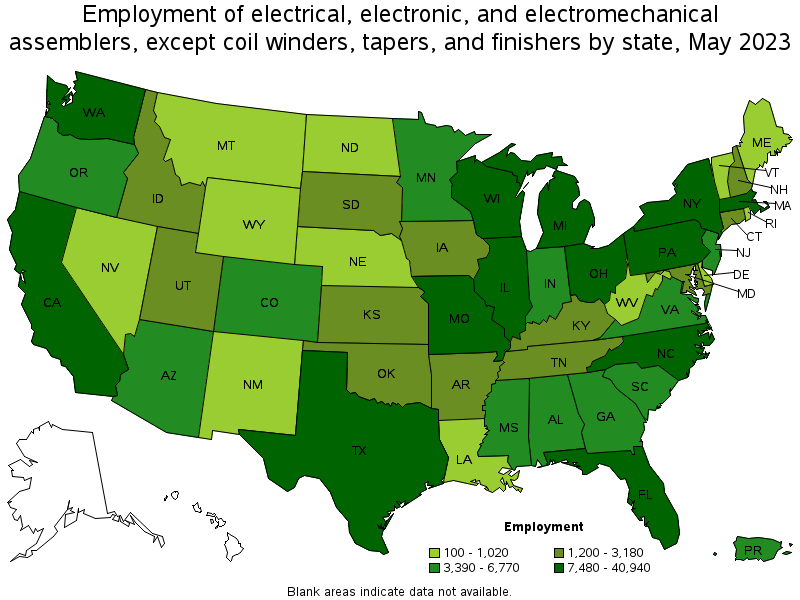 Map of employment of electrical, electronic, and electromechanical assemblers, except coil winders, tapers, and finishers by state, May 2023