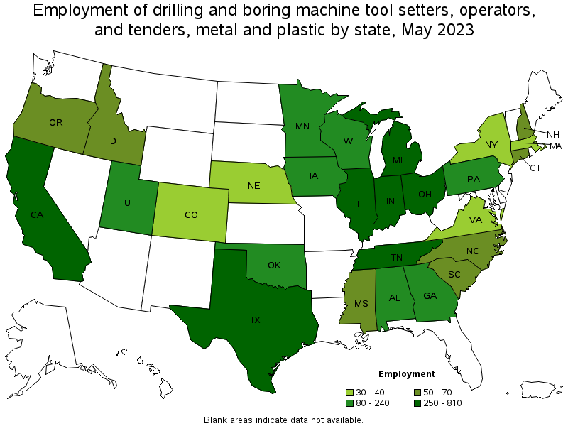 Map of employment of drilling and boring machine tool setters, operators, and tenders, metal and plastic by state, May 2023