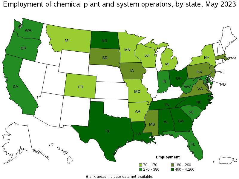 Map of employment of chemical plant and system operators by state, May 2023