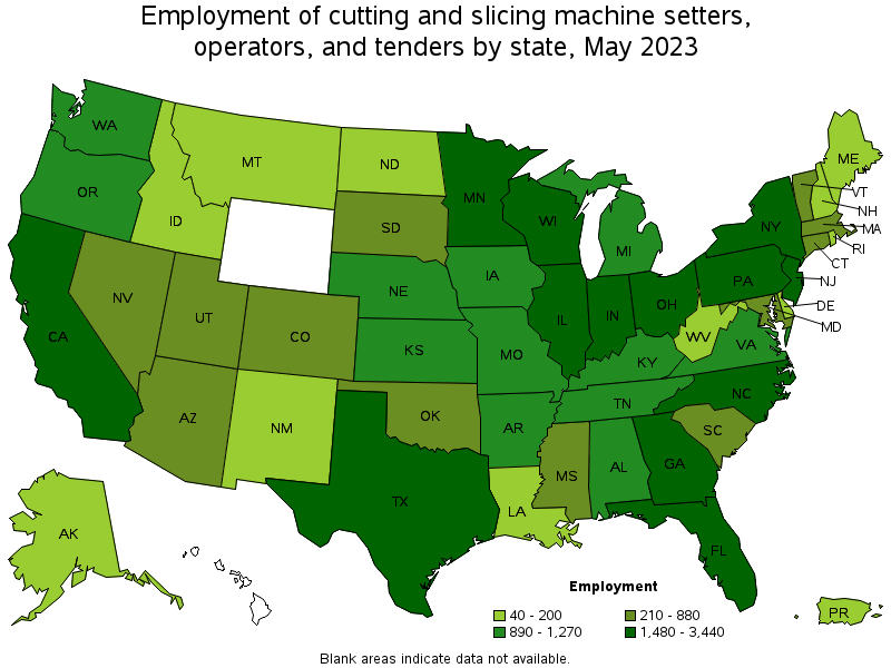 Map of employment of cutting and slicing machine setters, operators, and tenders by state, May 2023