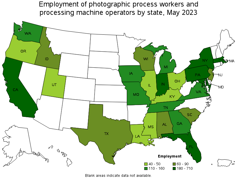 Map of employment of photographic process workers and processing machine operators by state, May 2023