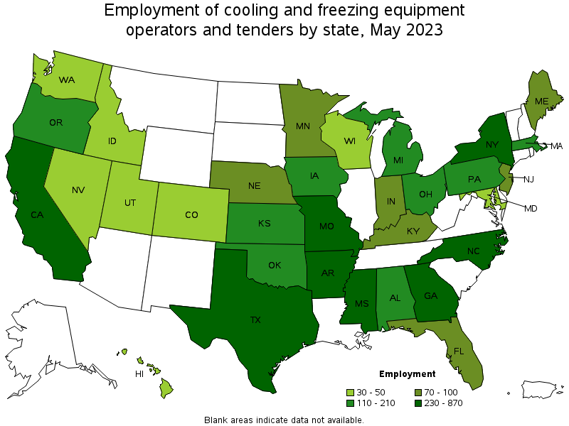 Map of employment of cooling and freezing equipment operators and tenders by state, May 2023