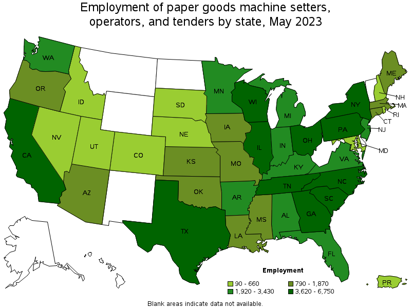 Map of employment of paper goods machine setters, operators, and tenders by state, May 2023