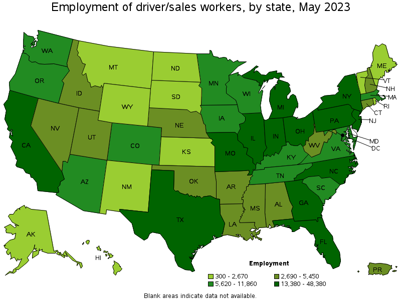 Map of employment of driver/sales workers by state, May 2023